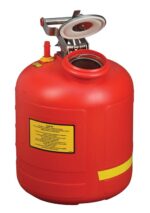 The round red Justrite Can Disp Poly with a gauge is a 5G container featuring a spout, open lid, handle, and yellow warning label for safe pouring.