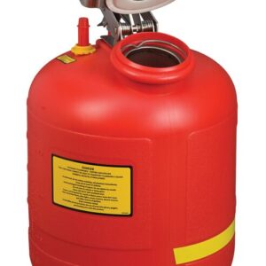 The round red Justrite Can Disp Poly with a gauge is a 5G container featuring a spout, open lid, handle, and yellow warning label for safe pouring.