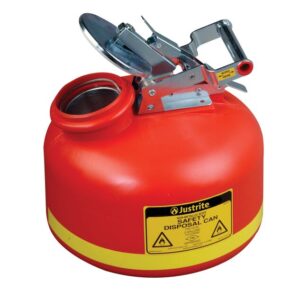 The Justrite Can Displ Poly W/Ss 2G Rd, a red and yellow safety disposal can with a metal handle and hinged lid, prominently displays essential safety info and warning symbols.