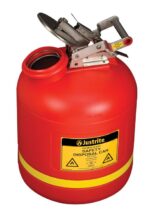 The Justrite Can Dispsl Poly W/Ss 5G Rd in red, with a yellow band and flame warnings, includes an open lid mechanism for safe handling of flammable materials.