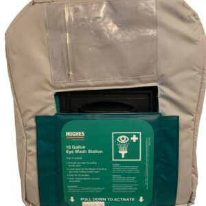 The Justrite H,Ssacy,Blkt,16Gfew eye wash station has a green PULL DOWN TO ACTIVATE label and a light gray cover. It includes a clear plastic pocket on top for added functionality.