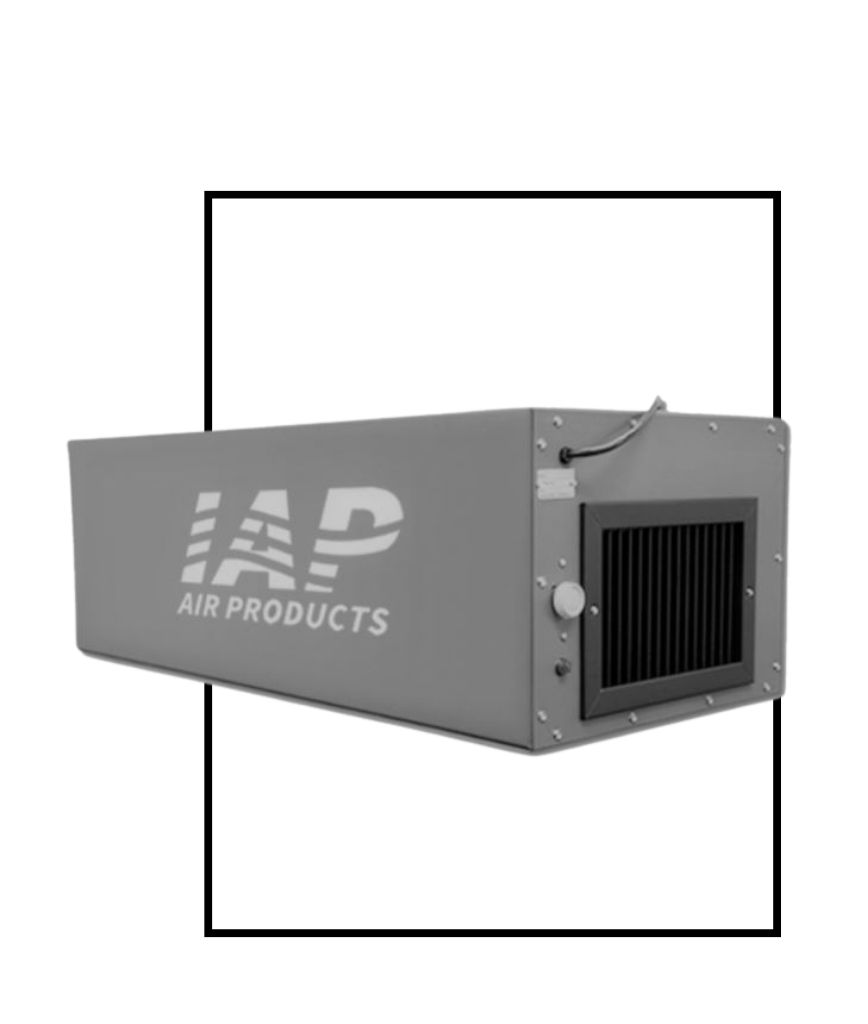 A sleek gray industrial air filtration unit branded with IAP AIR PRODUCTS stands ready to tackle fume extraction. Its rectangular metal body features a black air intake grid, buttons, and a cable. The unit is set against a crisp white background framed by a bold black border.