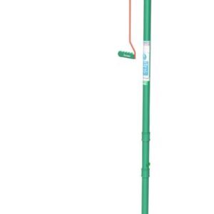 The Justrite H Floor Mount emergency safety shower has a green adjustable metal frame and pull handle. A sign above indicates its emergency use, with the showerhead and handle colored for high visibility, ensuring an efficient response when needed.