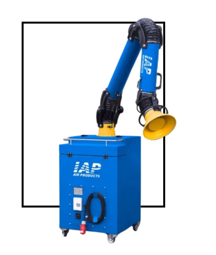 A blue portable air filtration unit with a yellow exhaust hood, this effective air purifier features a flexible, extendable hose for optimal fume extraction. Mounted on four wheels for mobility, the unit is labeled IAP Air Products, ensuring it stands out among premier air purification products.