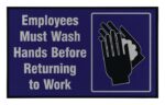 The Justrite Empl Must Wsh Hnds sign, 3 X 5 Ft, clearly states: Employees Must Wash Hands Before Returning to Work, featuring an illustration of hands being washed with soap on a dark blue background with gray and black accents.