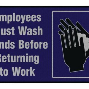 The Justrite Empl Must Wsh Hnds sign, 3 X 5 Ft, clearly states: Employees Must Wash Hands Before Returning to Work, featuring an illustration of hands being washed with soap on a dark blue background with gray and black accents.