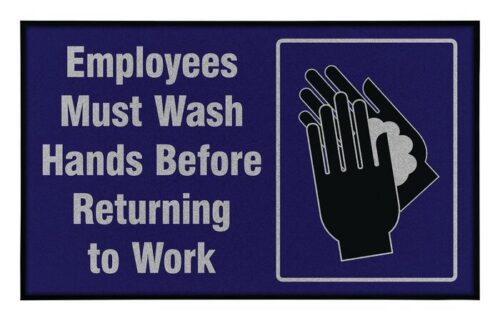The Justrite Empl Must Wsh Hnds sign, 3 X 5 Ft, clearly states: Employees Must Wash Hands Before Returning to Work, featuring an illustration of hands being washed with soap on a dark blue background with gray and black accents.