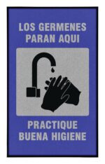 A blue sign featuring a gray square with black silhouettes of hands under a faucet reads, LOS GERMENES PARAN AQUI, PRACTIQUE BUENA HIGIENE in Spanish. Its perfect for placement on the Justrite Mat, 194 Span Germs Stop 3X5, to highlight hygiene standards.