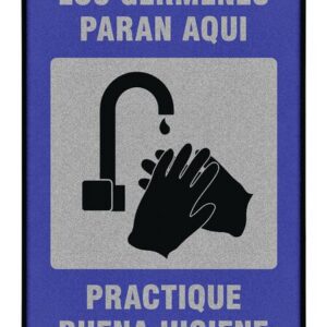 A blue sign featuring a gray square with black silhouettes of hands under a faucet reads, LOS GERMENES PARAN AQUI, PRACTIQUE BUENA HIGIENE in Spanish. Its perfect for placement on the Justrite Mat, 194 Span Germs Stop 3X5, to highlight hygiene standards.