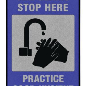 The 4 X 6 ft poster Justrite Germs Stop Here, featuring black silhouetted hands under a faucet with water drops, emphasizes hygiene. It has a gray background with a blue border.