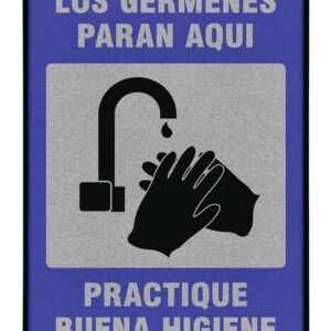 A poster with a blue background and a gray square in the center depicts two hands under a faucet on a Justrite Mat. It reads, LOS GERMENES PARAN AQUÍ. PRACTIQUE BUENA HIGIENE. Product: Justrite Mat, 194 Span Germs Stop 4X6.