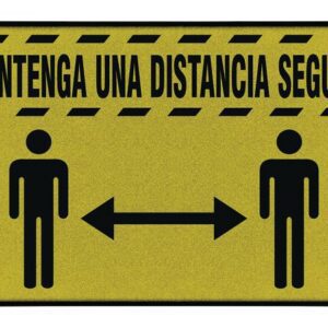 The Justrite Mat, 194 Span Keep Distance 3X5, includes a striking black warning that reads MANTENGA UNA DISTANCIA SEGURA, accompanied by two stick figures with a double-headed arrow between them to emphasize maintaining distance.