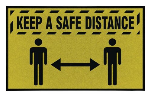 Yellow 3 x 5 ft sign with the text Justrite Keep A Safe Distance features black lettering and stick figures with a double-headed arrow for social distancing, ensuring visibility and compliance.
