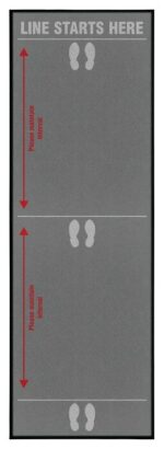 The Justrite Line Starts Here Charc mat, 4 X 12, includes footprints and red arrows with Please maintain crowd for social distancing. A gray background shows Line starts here to direct foot traffic effectively.