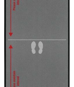 The Justrite Line Starts Here Charc mat, 4 X 12, includes footprints and red arrows with Please maintain crowd for social distancing. A gray background shows Line starts here to direct foot traffic effectively.