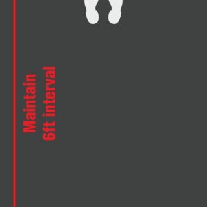 A Justrite Prct Soc Dist Charcoal, 4 X 6 sign features Line Starts Here with shoe prints, Maintain 6ft interval to the left, Practice Social Distancing below, and a bold red octagonal Stop Here command on the right.