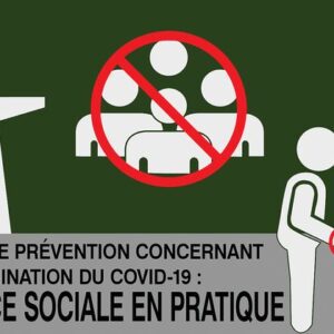Illustration of three figures: a distanced person, a prohibited group, and two shaking hands with a no symbol, illustrating Mesure de prévention concernant la dissémination du COVID-19 : distance sociale en pratique, following Justrite Mat 194 Fren Social Distan 3X5 guidelines.