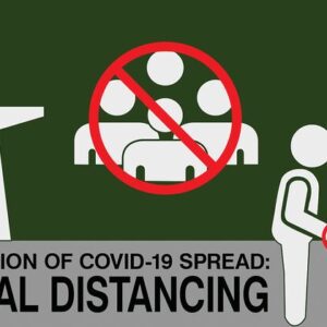 An illustration for Justrite Social Distancing, 3 X 5 Ft shows a person distancing from a group with a red prohibition sign and two figures avoiding handshakes. Text: Prevention of COVID-19 Spread: Social Distancing.