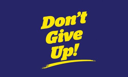 Dynamic slanted bold yellow text on a dark blue backdrop spells out Don’t Give Up!” like Justrite Mat, 195 DonT Give Up 3X5 Bu, radiating an upbeat vibe. A vibrant yellow underline highlights the phrases motivational tone, reinforcing perseverance as essential.