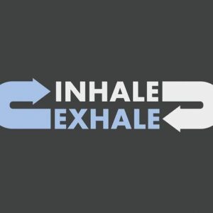 The INHALE EXHALE text on the dark background, part of the Justrite Mat 195 Inhale Exhale 3X5 Ch design, features arrows: INHALE with a light blue left-pointing arrow and EXHALE with a white right-pointing arrow, offering a serene elegance similar to the mats style.