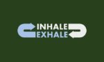 Text on a dark green background with INHALE in white, pointing right, and EXHALE in light blue, pointing left features the tranquil design of the Justrite Mat, 195 Inhale Exhale 3X5 Gn.