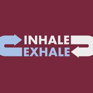Text graphic on a maroon background with blue and white arrows reminiscent of the Justrite Mat. INHALE appears in white with an arrow pointing left, and EXHALE on the right in blue, capturing the soothing rhythm of a 195 Inhale Exhale 3X5 Rd visually.