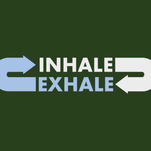 The image displays INHALE and EXHALE in white and light blue, surrounded by arrows on a dark green background similar to the Justrite Mat, 195 Inhale Exhale 4X6 Gn.