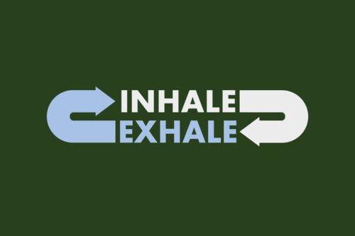 The image displays INHALE and EXHALE in white and light blue, surrounded by arrows on a dark green background similar to the Justrite Mat, 195 Inhale Exhale 4X6 Gn.