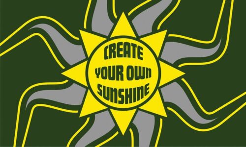 A yellow sun with green and gray wavy rays shines on a Justrite Mat background, central to the 195 Create Sunshine 3X5 Gn design. Bold letters inspire you to Create Your Own Sunshine.