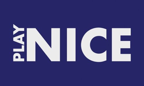 The image features a Justrite Mat with a dark blue background displaying PLAY NICE in bold white letters, with PLAY vertically aligned beside NICE, similar to the 195 Play Nice 3X5 Bu format.
