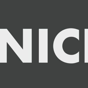 The image displays PLAY NICE in bold, white uppercase letters on a dark gray background. PLAY is vertical and smaller, aligning to the left of the prominent NICE, similar to the layout of a Justrite Mat, 195 Play Nice 3X5 Ch.