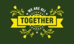 The Justrite Mat, 195In This Together 3X5 Gn, is set on a green background with yellow floral designs and features We are all in this together in bold yellow and white letters, surrounded by stars and elegant decorative elements.