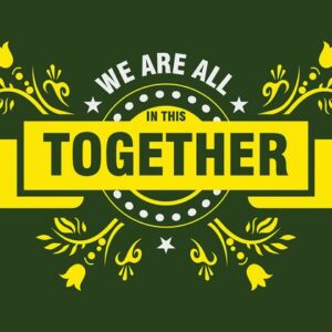 The Justrite Mat, 195In This Together 3X5 Gn, is set on a green background with yellow floral designs and features We are all in this together in bold yellow and white letters, surrounded by stars and elegant decorative elements.