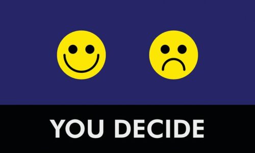 Two yellow smiley faces on a dark blue background: one smiling on the left, one frowning on the right. Below them, a black rectangle with 195 You Decide 3X5 Bu in white text. Product: Justrite Mat.