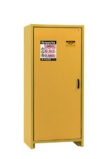 The Justrite En30 yellow 34W cabinet, designed for flammable storage, features a warning label on its door, a sleek black handle, and visible legs, offering safety and style in your workspace.