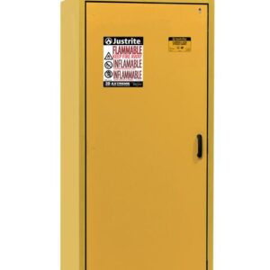 The Justrite En30 yellow 34W cabinet, designed for flammable storage, features a warning label on its door, a sleek black handle, and visible legs, offering safety and style in your workspace.