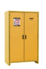 The Justrite Cabinet, En30, 45Gal, 46W, in yellow metal features two doors with black handles and warning labels for flammable materials, ensuring safe hazardous substance storage.