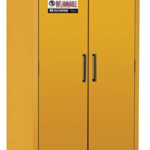 The Justrite Cabinet, En90, 30Gal, 35W in yellow is a tall safety cabinet with two doors and black handles. It features Flammable and Keep Fire Away warnings in red and black text along with hazard symbols, ensuring En90 compliance.