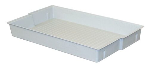 The Justrite Traytop Poly, En30/90, 30 Gal displays a sleek rectangular design with slightly raised sides and a textured, ribbed bottom surface. This gray plastic tray sits empty on a plain background, showcasing its practical design.