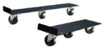 Two black rectangular metal dolly platforms with wheels: one with two wheels, one with four, ideal for moving heavy objects like the Justrite Cabinet Mover, En30/90, 30/45Gal containers, against a plain white background.