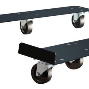 Two black rectangular metal dolly platforms with wheels: one with two wheels, one with four, ideal for moving heavy objects like the Justrite Cabinet Mover, En30/90, 30/45Gal containers, against a plain white background.