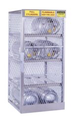 The Justrite Cylinder Locker, 8 Horizontal securely stores multiple gas cylinders behind a mesh door. It features signs reading FULL CYLINDERS and FLAMMABLE KEEP FIRE AWAY. The efficient design includes the Justrite logo at the top right.