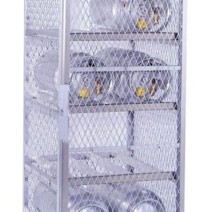 The Justrite Cylinder Locker, 8 Horizontal securely stores multiple gas cylinders behind a mesh door. It features signs reading FULL CYLINDERS and FLAMMABLE KEEP FIRE AWAY. The efficient design includes the Justrite logo at the top right.