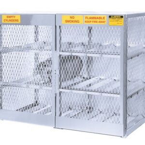 The Justrite Cylinder Locker, 12 Horizontal, is a metal storage cage with mesh wire doors, designated sections for Empty Cylinders, No Smoking, and Flammable Keep Fire Away, and multiple shelves to safely organize up to 12 items horizontally.