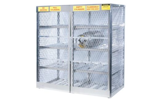 The Justrite Cylinder Locker, 16 Horizontal, is designed with durable diamond-pattern mesh for storing up to 16 cylinders. It includes yellow signs stating No Smoking, Full Cylinders, Empty Cylinders, and Flammable Keep Fire Away. The cage features empty shelves and a chain closure.