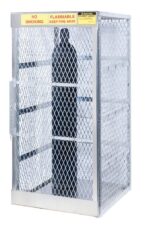 The Justrite Cylinder Locker, 10 Vertical, is a tall metal cage for storing gas cylinders. It holds up to 10 tanks and features mesh sides with No Smoking and Flammable, Keep Fire Away signs for clear safety communication.