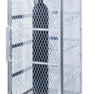 The Justrite Cylinder Locker, 10 Vertical, is a tall metal cage for storing gas cylinders. It holds up to 10 tanks and features mesh sides with No Smoking and Flammable, Keep Fire Away signs for clear safety communication.