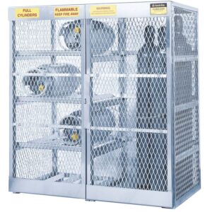 The Justrite Cylinder Locker, Combo 8H/10V, securely stores large gas cylinders with mesh doors and safety signs reading Full Cylinders, Flammable Keep Fire Away, and Warning, ensuring secure storage of hazardous materials.