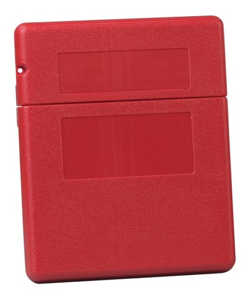 23303.jpg Red plastic case with a design similar to the Justrite Doc Box, Med Fliptop. It features two rectangular indentations on the front, a slightly smaller embossed top section as a lid, and a textured surface. A small hole in the top left corner allows for secure hanging.