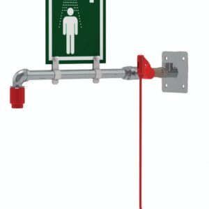 The Justrite H Wall Mnt emergency shower includes a green pull handle labeled Shower. Above it, a green sign with a white silhouette of a person under a showerhead indicates the facility.